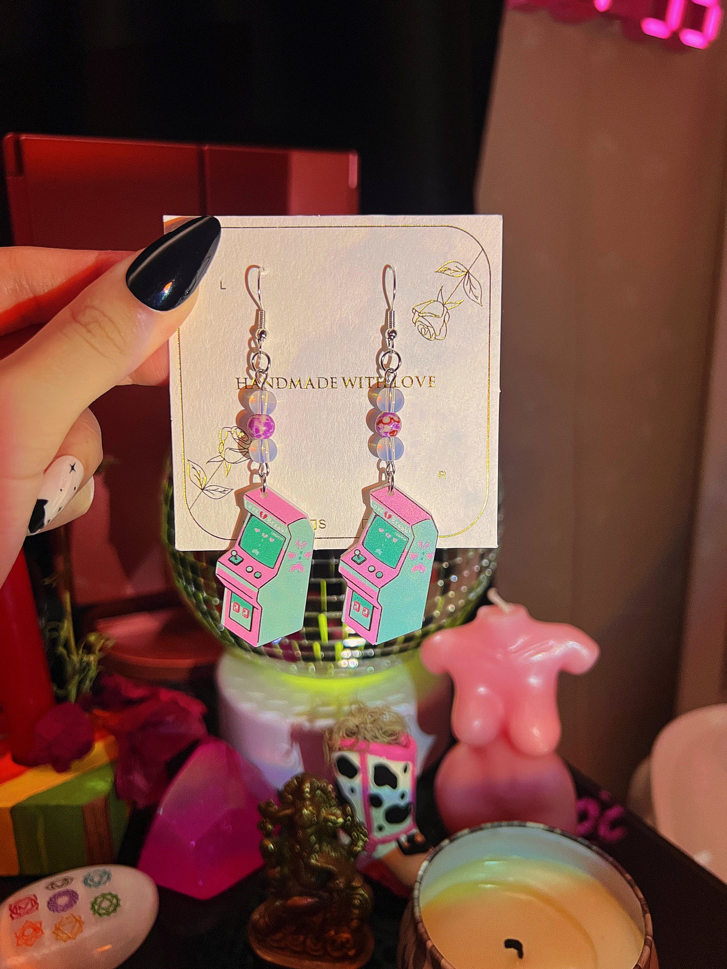 Opal & Purple Jasper Stone Retrowave Arcade Game - Retro Inspired Real Crystal Earrings