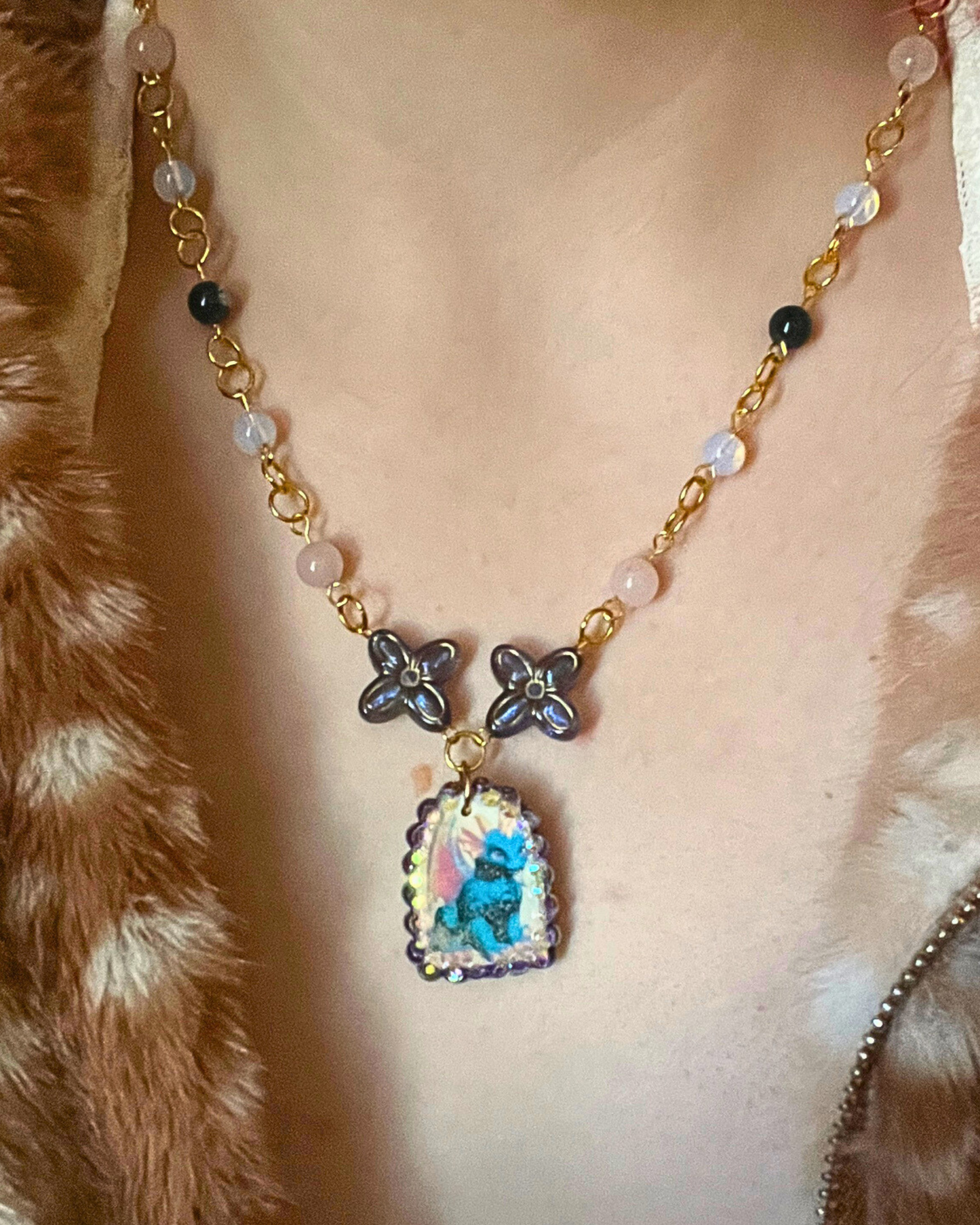 Gold Plated Dragon Charm Necklace | Rose Quartz + Opalite + Indian Agate Beads