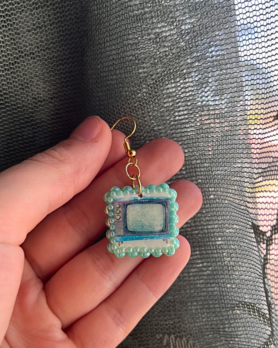 Vintage TV Set Clay Earrings | Teal Iridescent Pearl Frame
