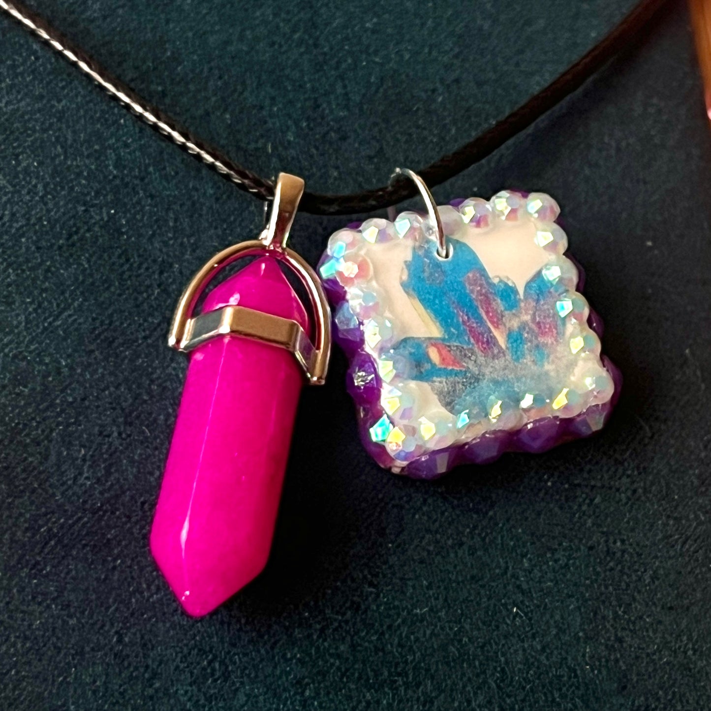 Pink & blue crystal cluster necklace — handmade polymer clay gem cluster pendant in pastel pink/blue, hand-bedazzled with iridescent pearls + rhinestones for high-glam fairycore sparkle. Gift-ready Victorian-patterned box. Whimsigoth Y2K charm necklace; ready to ship in 1–3 days.