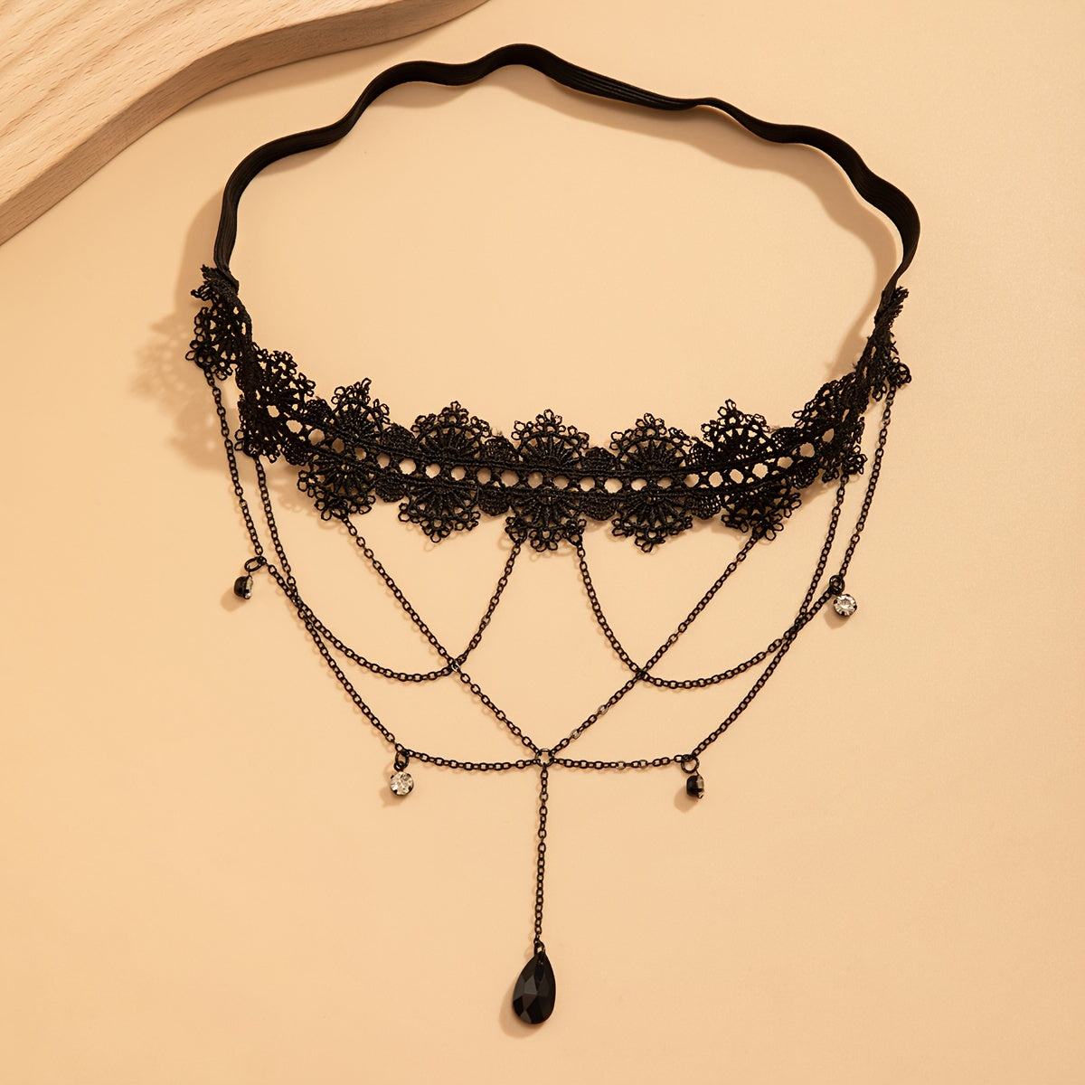 cascading black lace gemmed leg adornment
