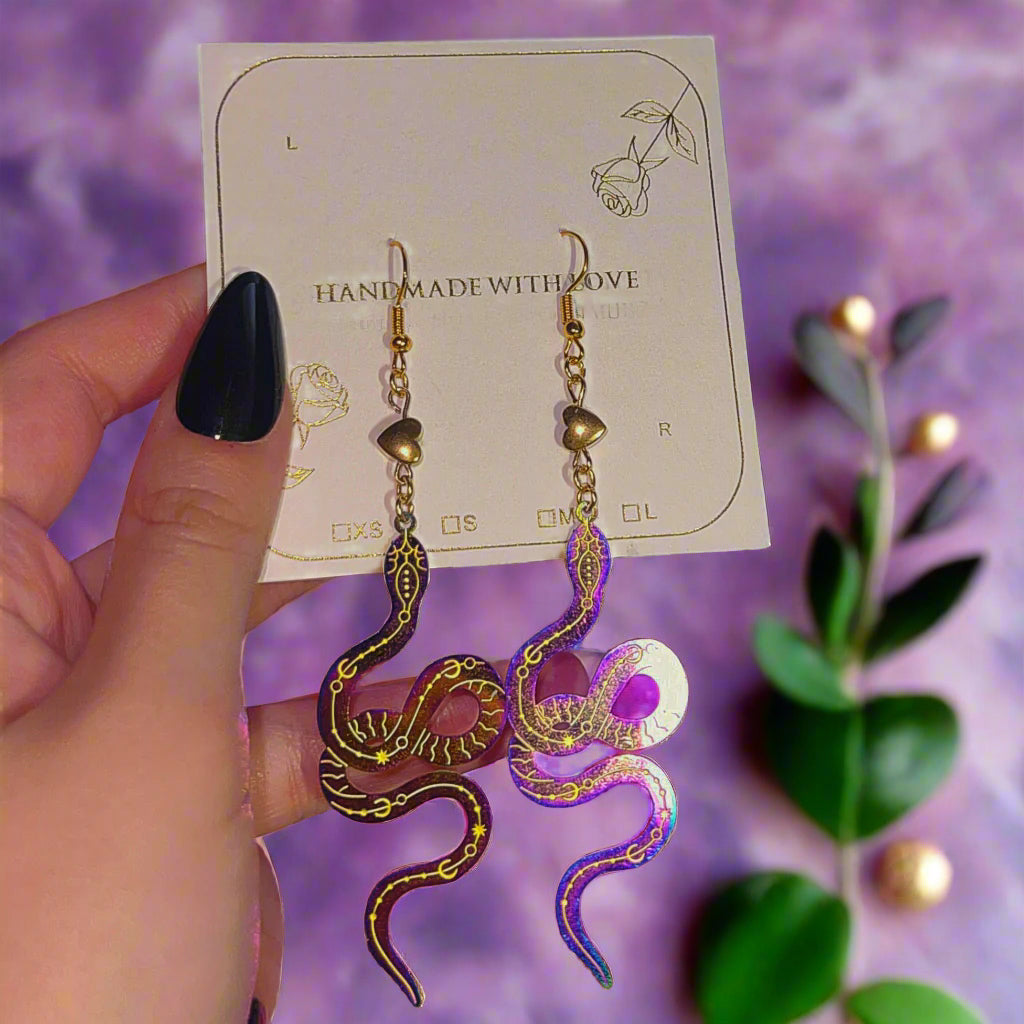 Celestial Cosmos Hematite Snakes - Hematite Stone 14k Gold Plated Earrings