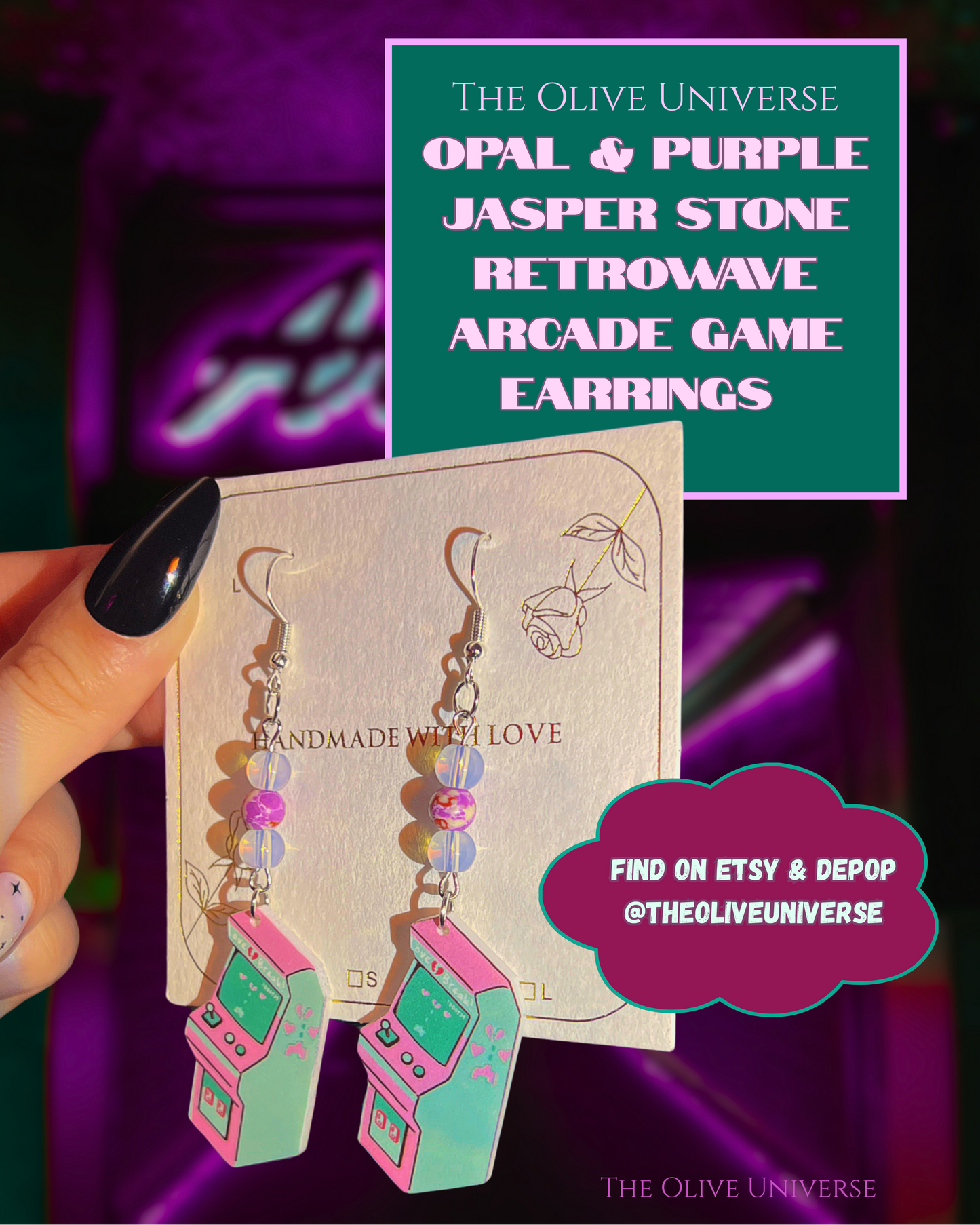 Opal & Purple Jasper Stone Retrowave Arcade Game - Retro Inspired Real Crystal Earrings