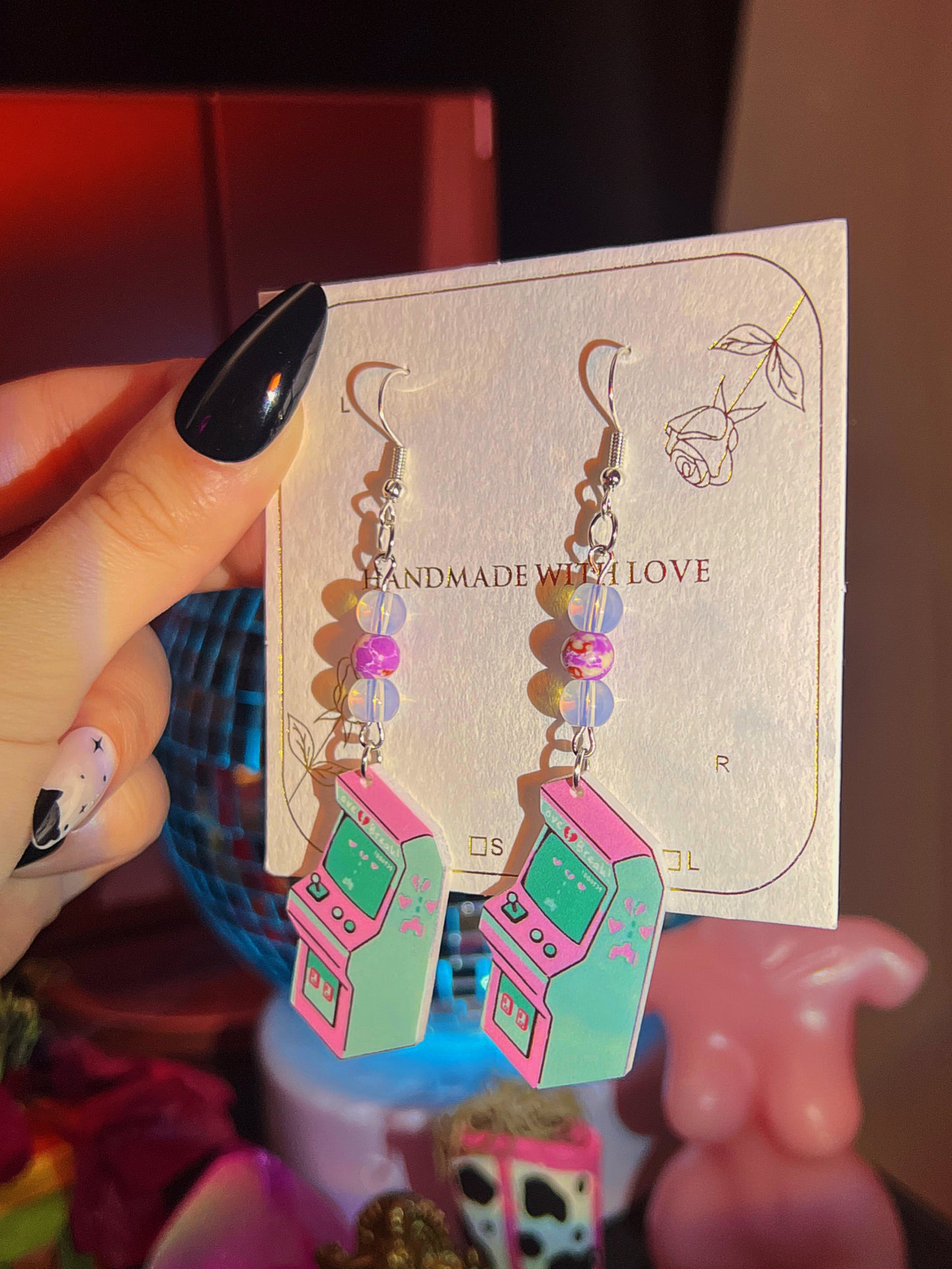 Opal & Purple Jasper Stone Retrowave Arcade Game - Retro Inspired Real Crystal Earrings