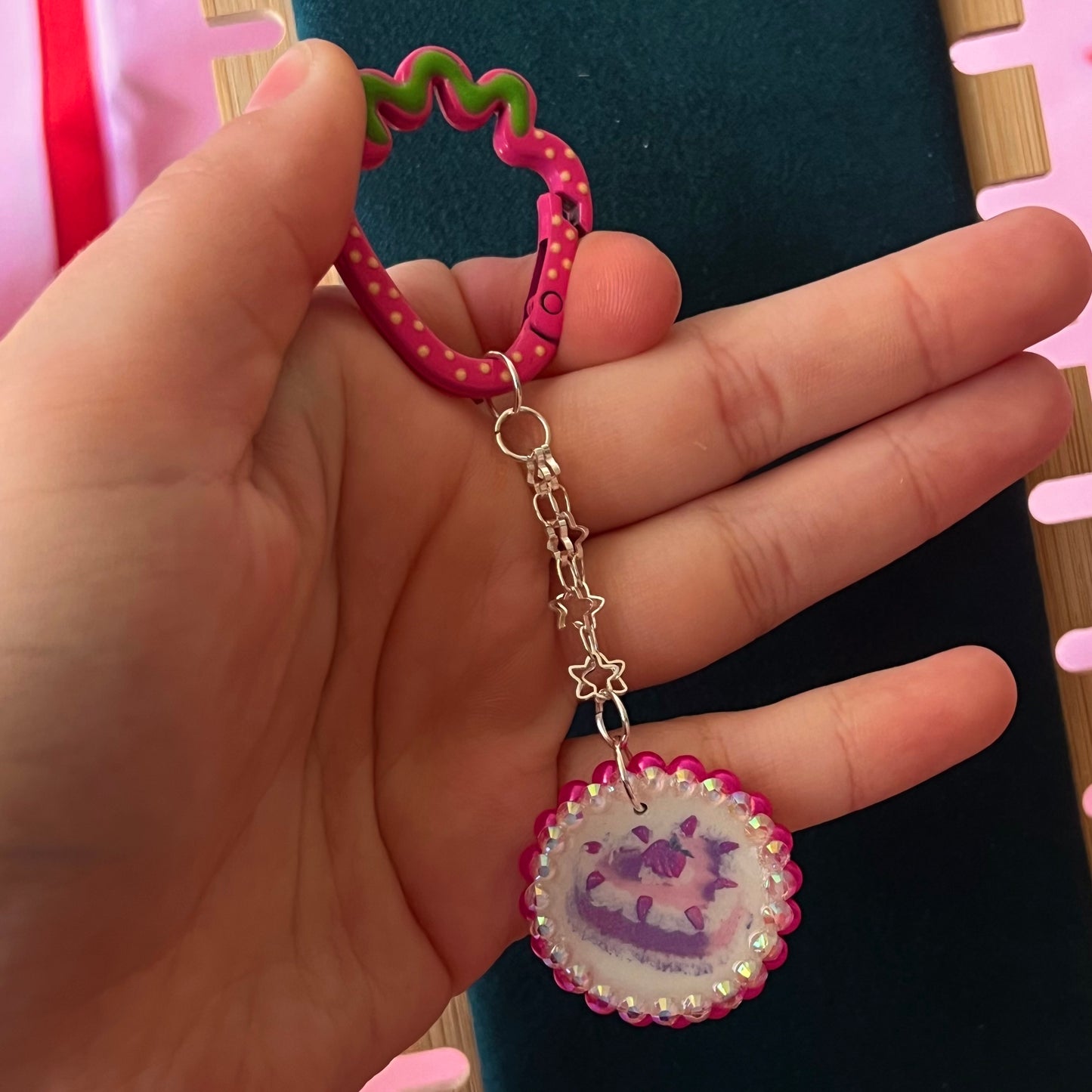 Hot Pink Strawberry Cake Charm Keychain | Coquette Pink Keychain | Olive Made