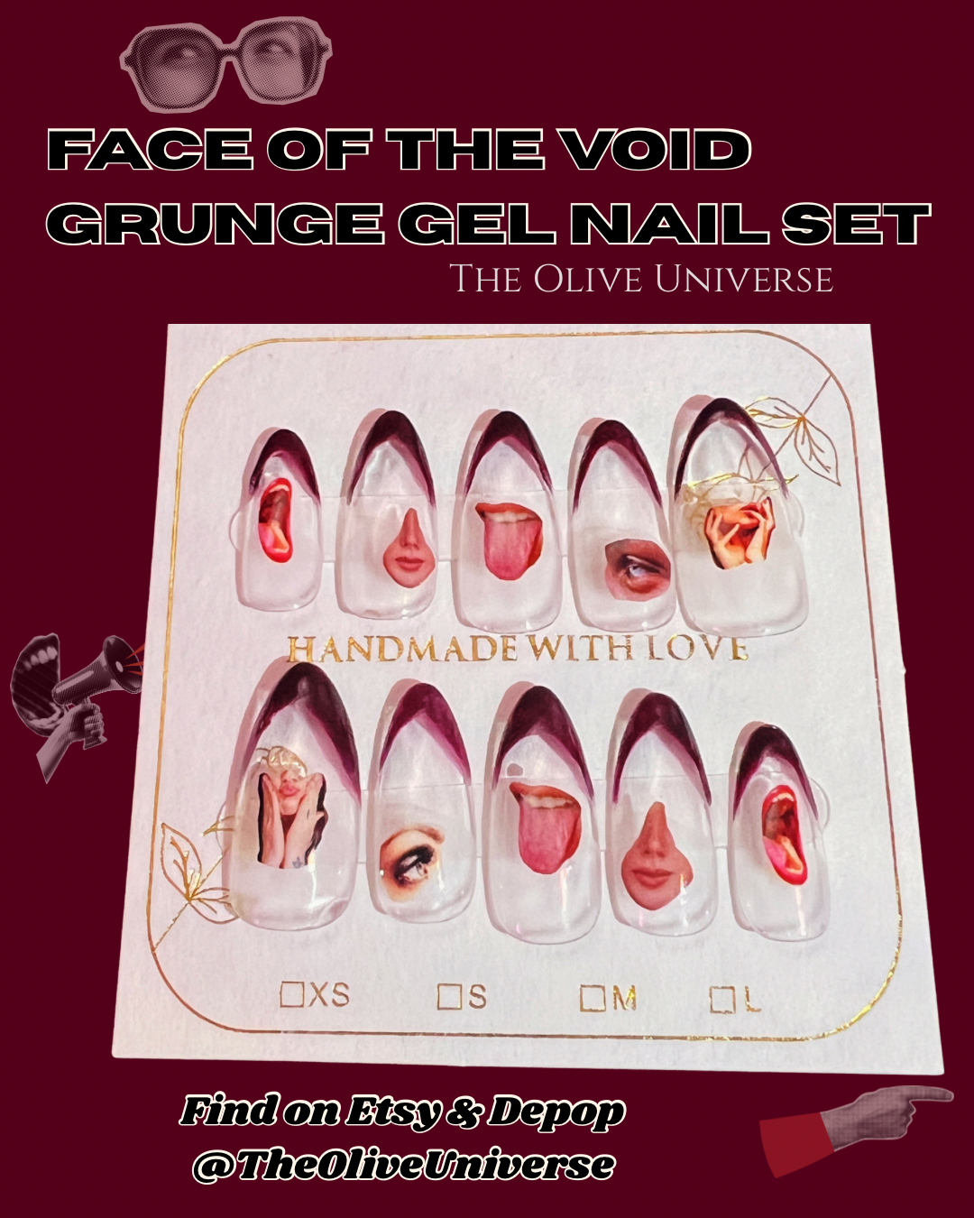 Face of the Void - Grunge/Retrowave Almond Shaped Press On Custom Gel Nails - Olive Made
