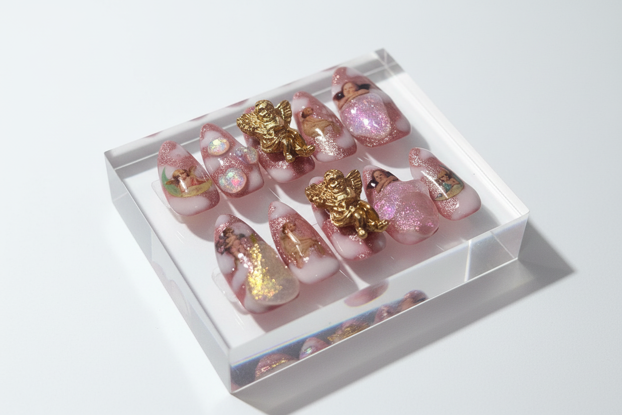 Ambrosia Fruit Press-On Nails | Hand Painted Nails | Iridescent 3D Gel | Pink Shimmer | Angel Charm | One of One | Size Medium