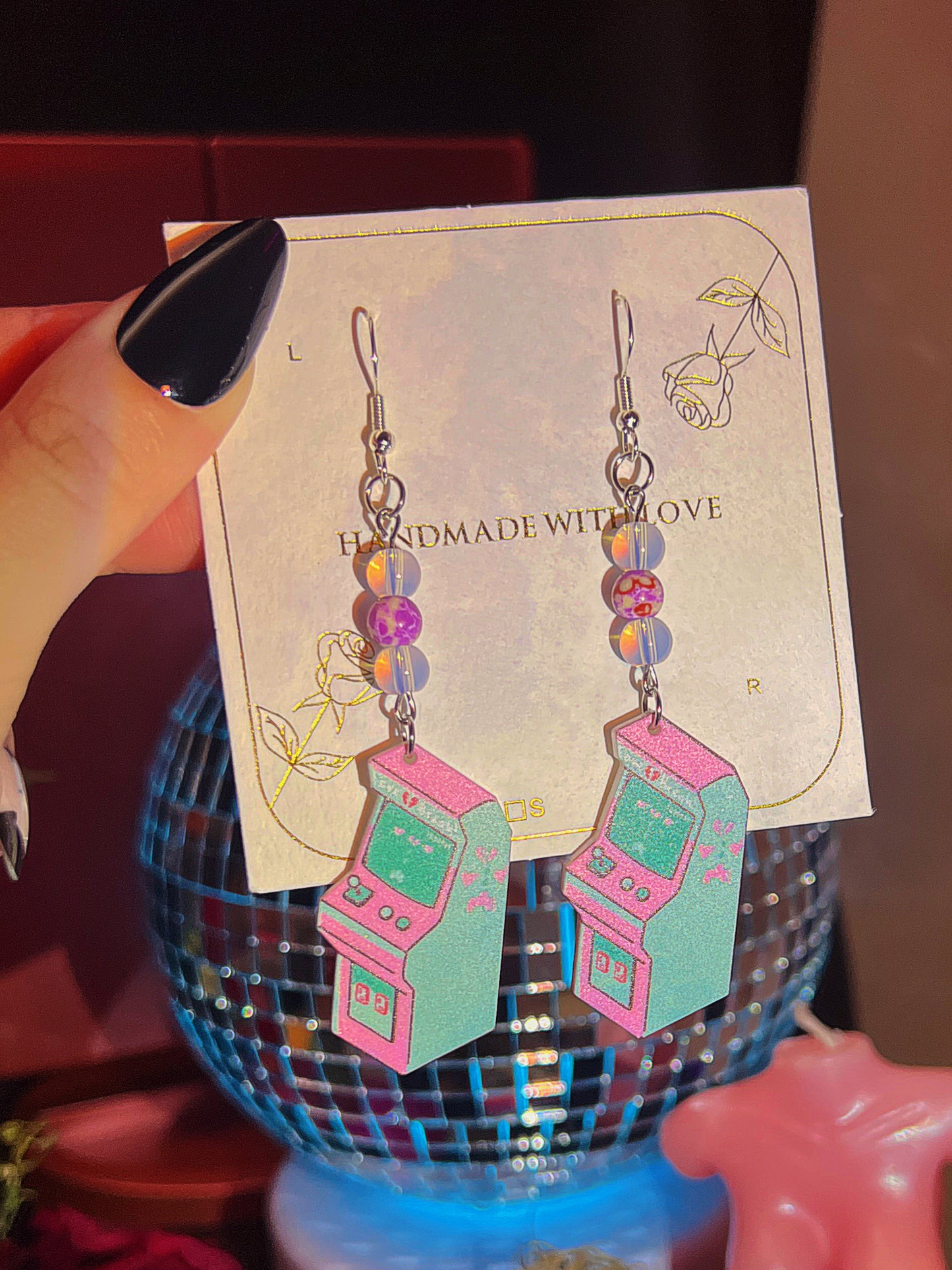 Opal & Purple Jasper Stone Retrowave Arcade Game - Retro Inspired Real Crystal Earrings