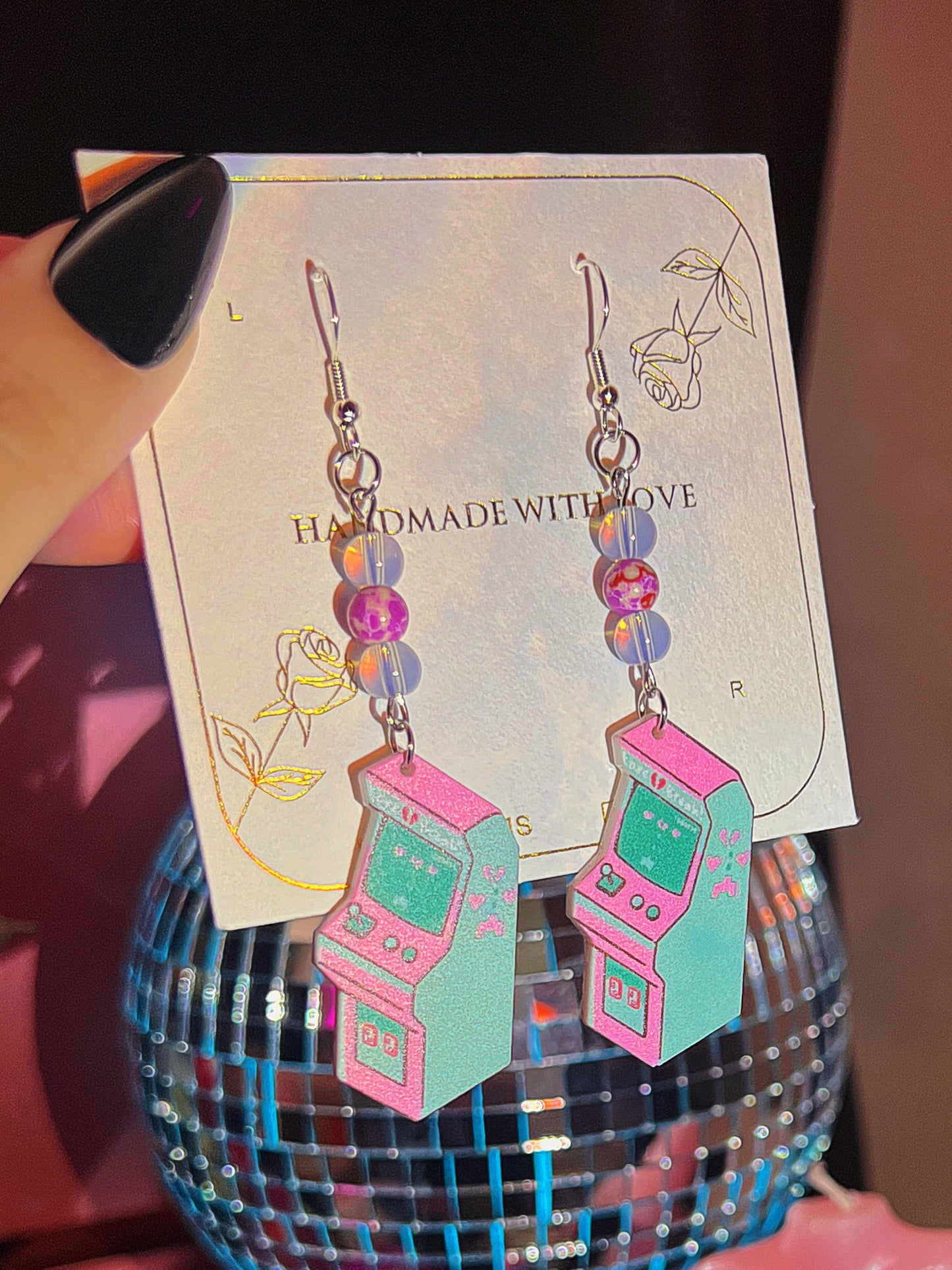 Opal & Purple Jasper Stone Retrowave Arcade Game - Retro Inspired Real Crystal Earrings