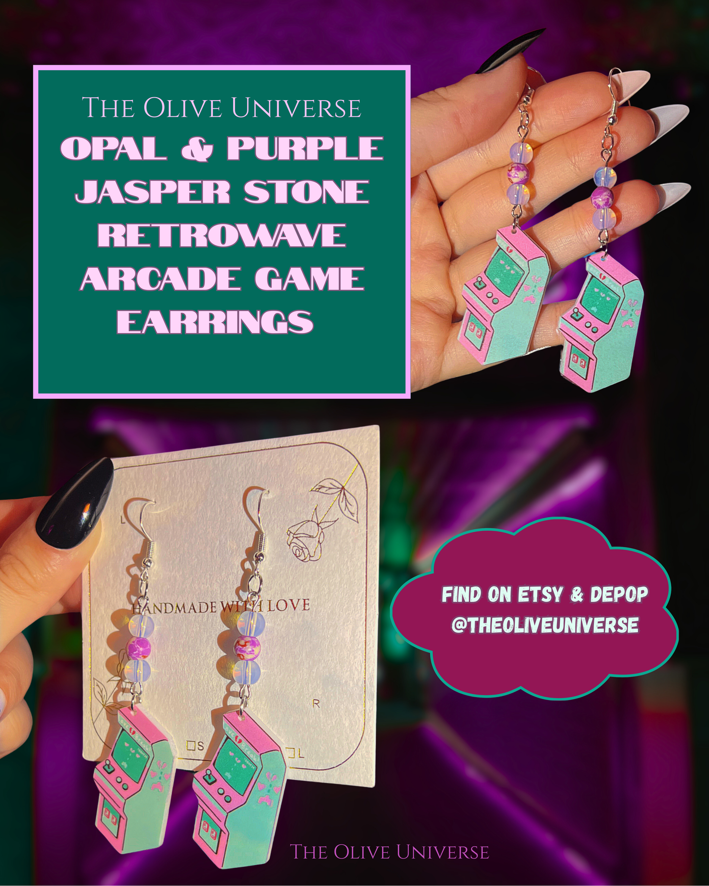 Opal & Purple Jasper Stone Retrowave Arcade Game - Retro Inspired Real Crystal Earrings