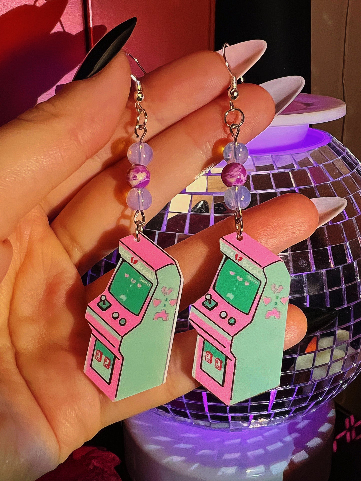 Opal & Purple Jasper Stone Retrowave Arcade Game - Retro Inspired Real Crystal Earrings