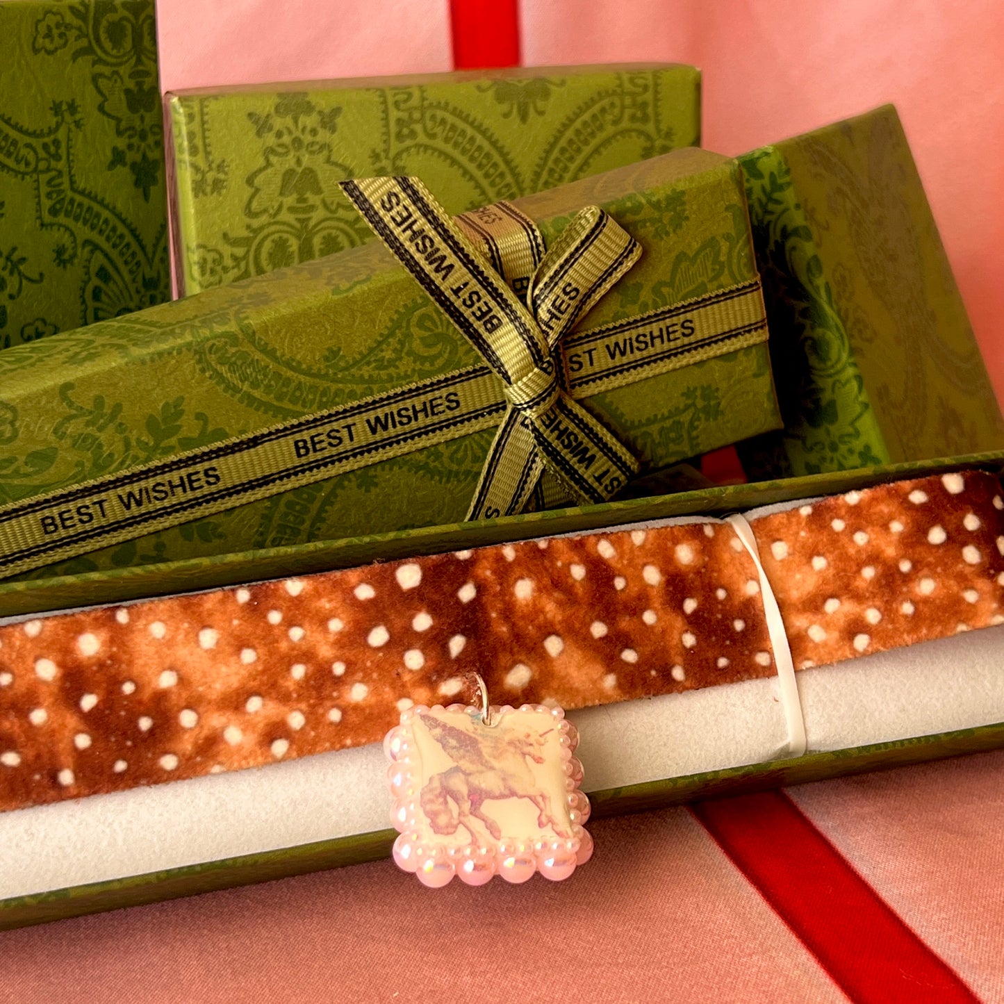 Fawn print pegasus ribbon choker — 14" deer/fawn print ribbon choker with handmade pink polymer clay pegasus charm bedazzled with iridescent pearls, plus extension chain for adjustable fit. Gift-ready green Victorian box. Coquette fairycore Y2K choke necklace; ready to ship in 1–3 days.