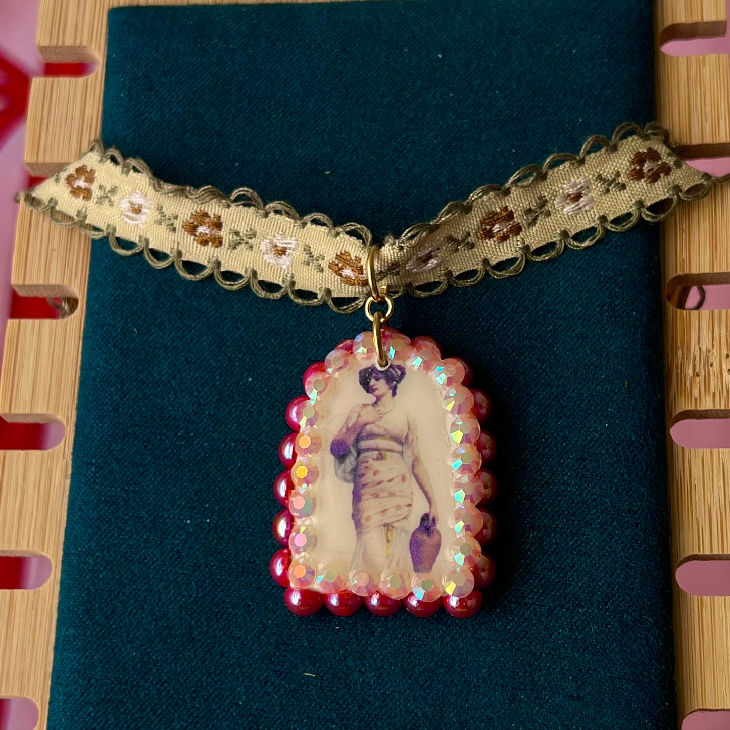 neoclassical necklace, portrait choker necklace, vintage lace choker, renaissancecore jewelry, museum aesthetic necklace, red pearl necklace, rhinestone charm necklace, romantic choker, embroidered flower choker, handmade polymer clay charm, art jewelry