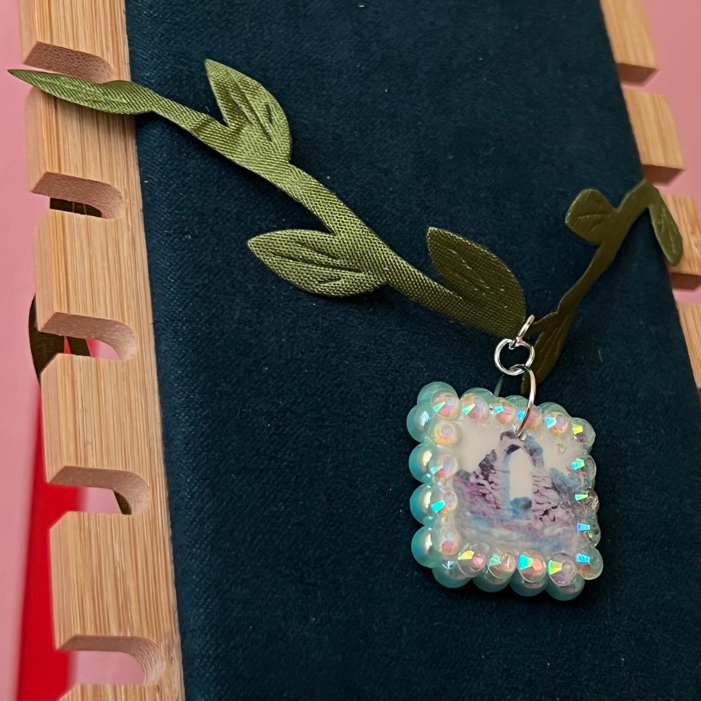 vine choker necklace, leaf choker, fairycore choker, whimsigoth jewelry, medieval fantasy necklace, arch charm necklace, rhinestone charm choker, pearl rhinestone necklace, handmade polymer clay charm, adjustable choker necklace, secret garden jewelry