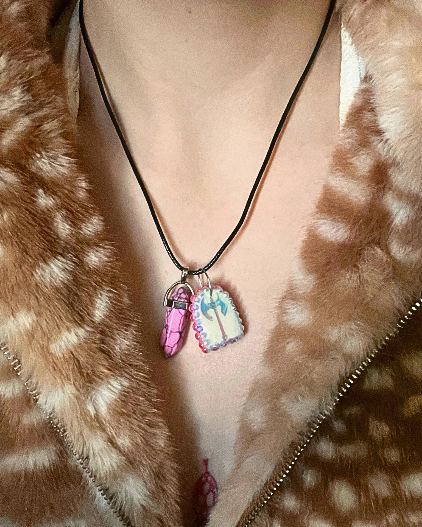 Battle Axe Charm Necklace | Polymer Clay Pendant + Pink Marbled Gem