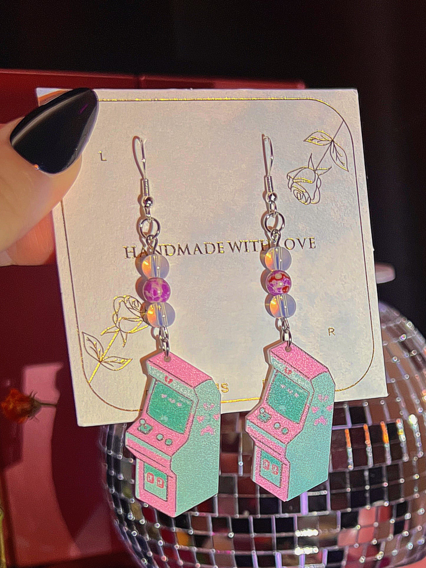 Opal & Purple Jasper Stone Retrowave Arcade Game - Retro Inspired Real Crystal Earrings