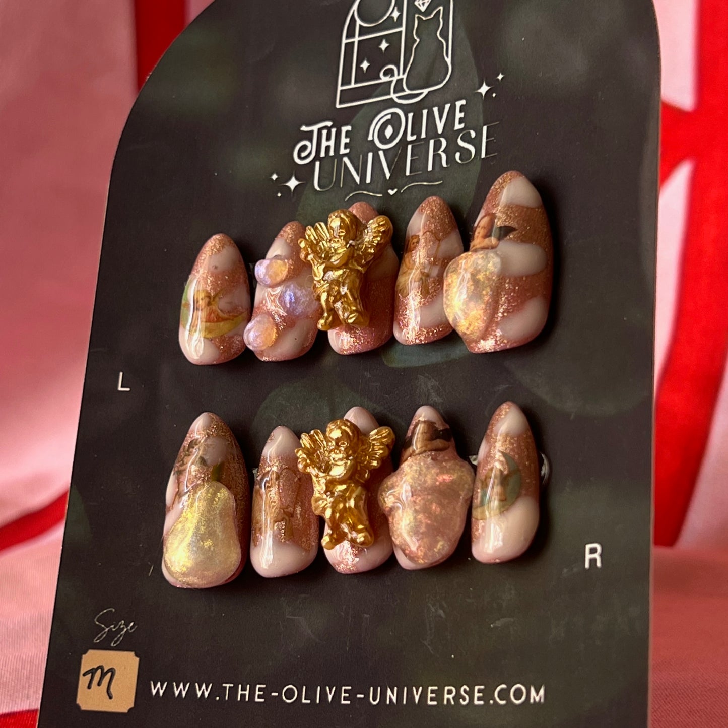 Ambrosia Fruit Press-On Nails | Hand Painted Nails | Iridescent 3D Gel | Pink Shimmer | Angel Charm | One of One | Size Medium