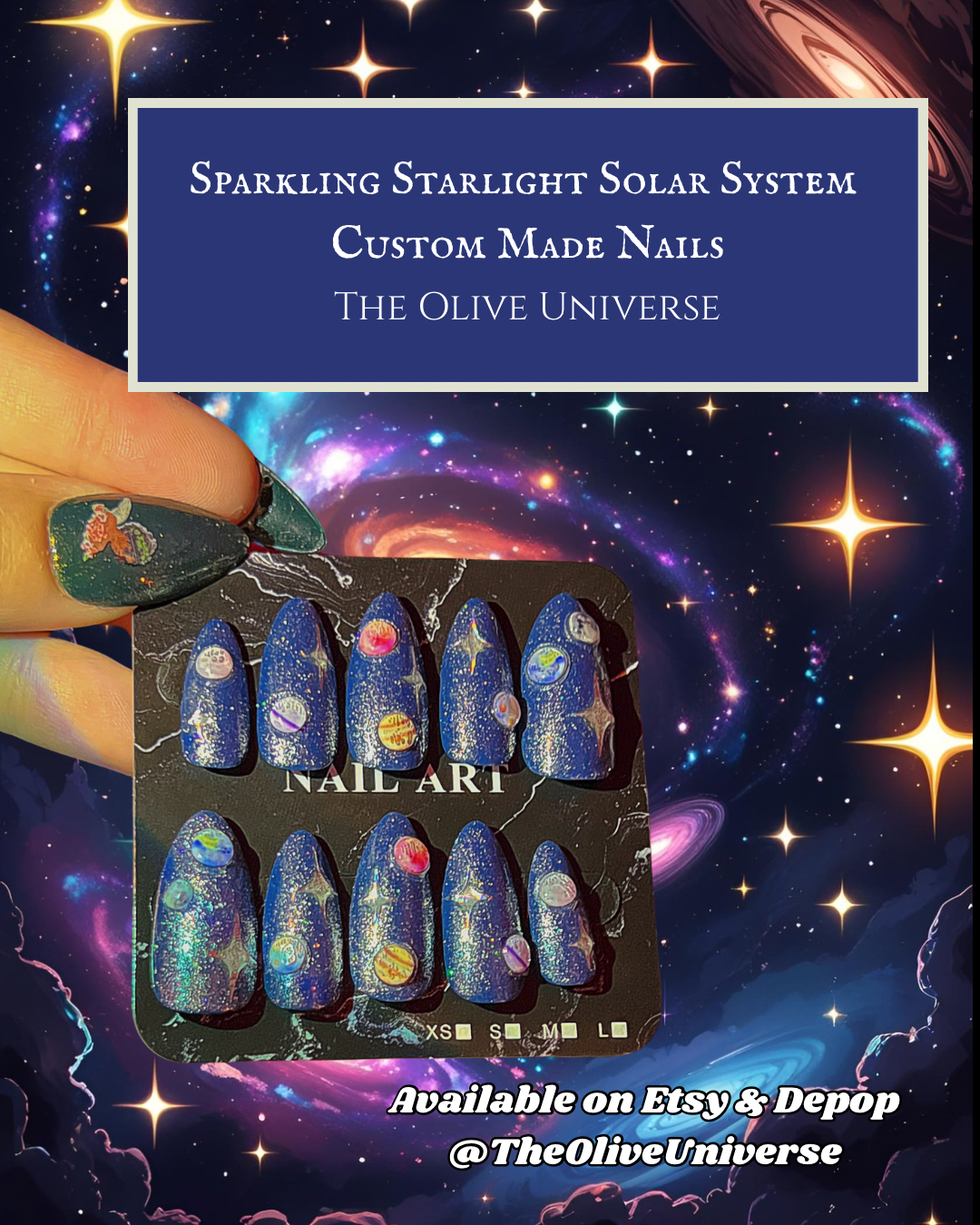 Sparkling Starlight Solar System Almond Shaped Press On Custom Made Nails - Olive Made