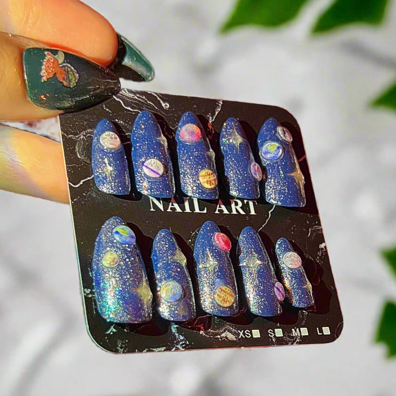 Sparkling Starlight Solar System Almond Shaped Press On Custom Made Nails - Olive Made