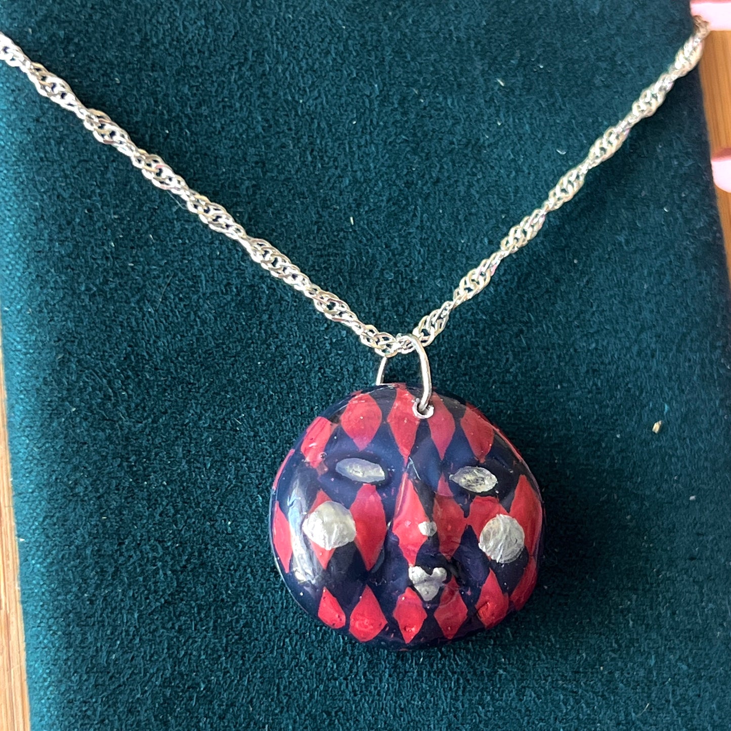 Burgundy Harlequin Mask Necklace | Hand Painted Clay Charm | 925 Sterling Silver Chain | Theater Inspired Jewelry