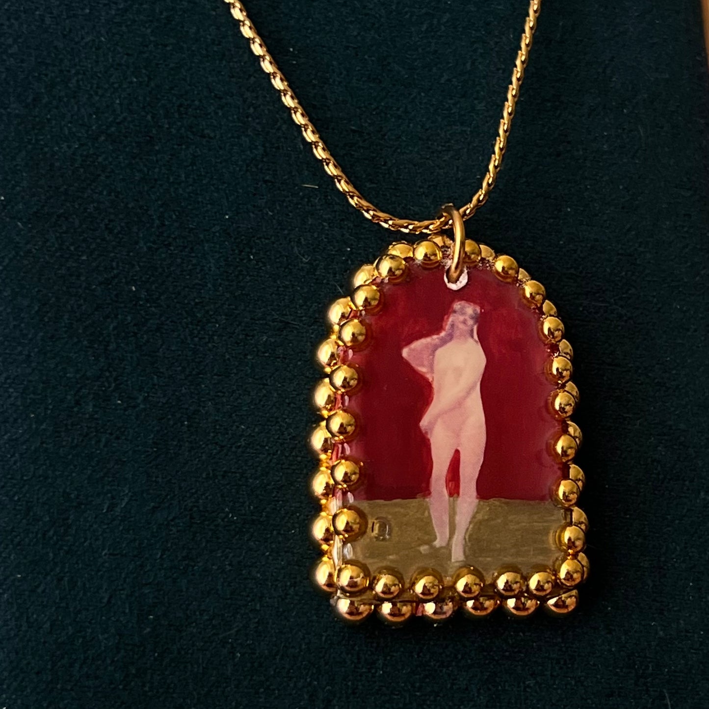 Red Neoclassical Nude Lady Pendant | Golden Charm Necklace | Olive Made