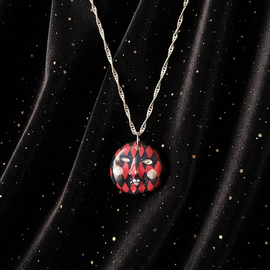 Burgundy Harlequin Mask Necklace | Hand Painted Clay Charm | 925 Sterling Silver Chain | Theater Inspired Jewelry