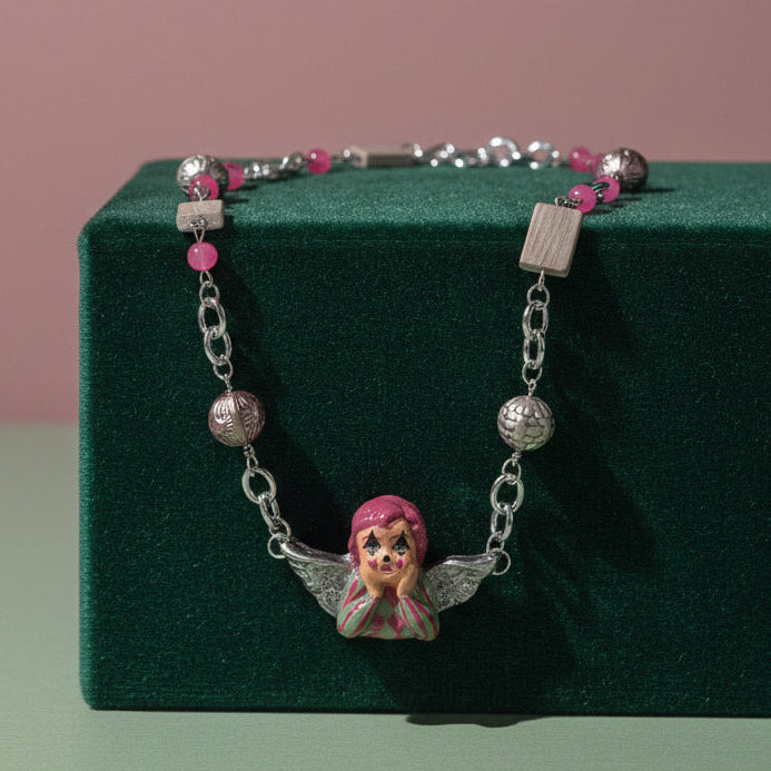 Silver Clown Angel Necklace | Clowncore Jewelry | Polymer Clay Pendant | Pink Agate + Gray Marble Beads | Whimsical Statement Necklace
