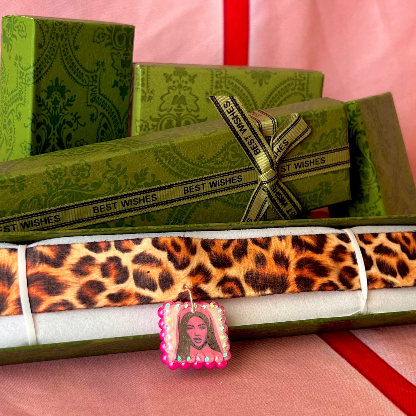 Cheetah Print Choker Necklace | Neon Pink Nun Charm | 16 Inch Y2K Choker | Handmade Polymer Clay Charm | Whimsigoth Grunge Indie