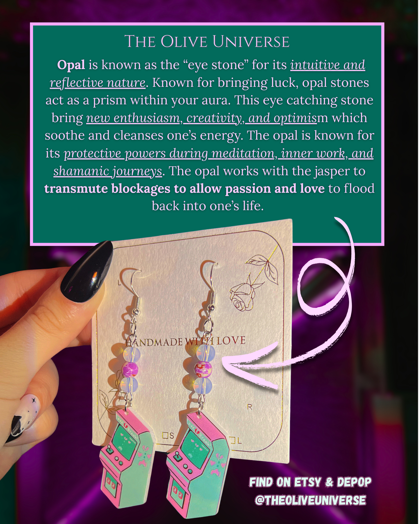 Opal & Purple Jasper Stone Retrowave Arcade Game - Retro Inspired Real Crystal Earrings