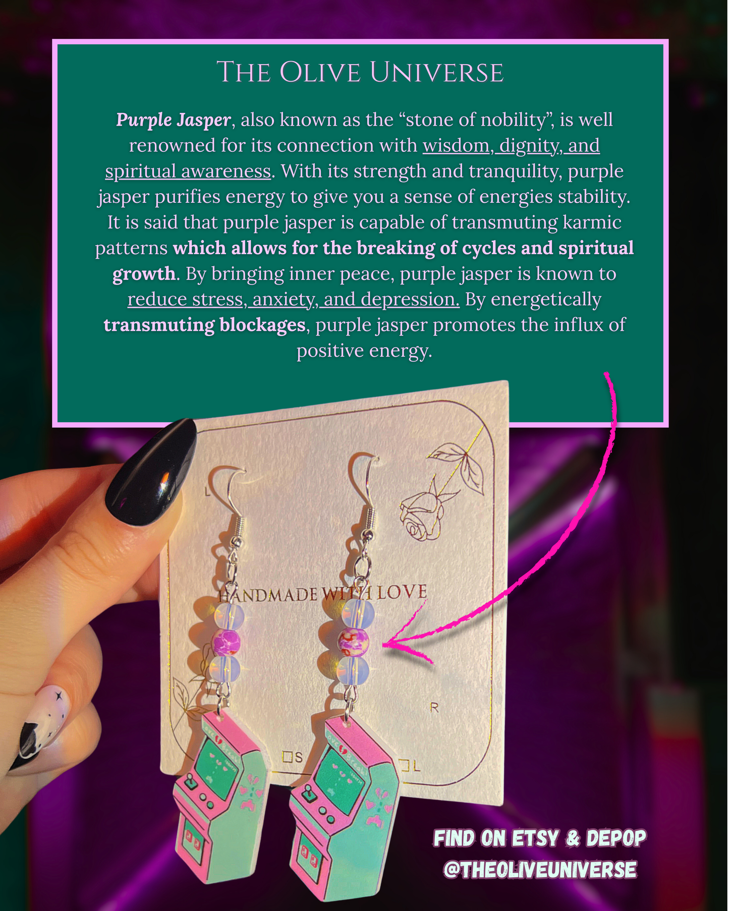 Opal & Purple Jasper Stone Retrowave Arcade Game - Retro Inspired Real Crystal Earrings