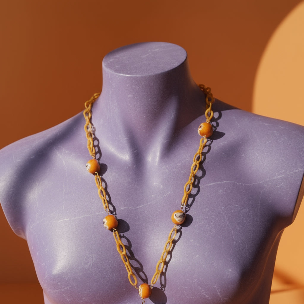 Retro Y2K Neon Metallic Horse Necklace — Handmade Clay Beads, Cutout Collage Charms, Orange Acrylic Chain