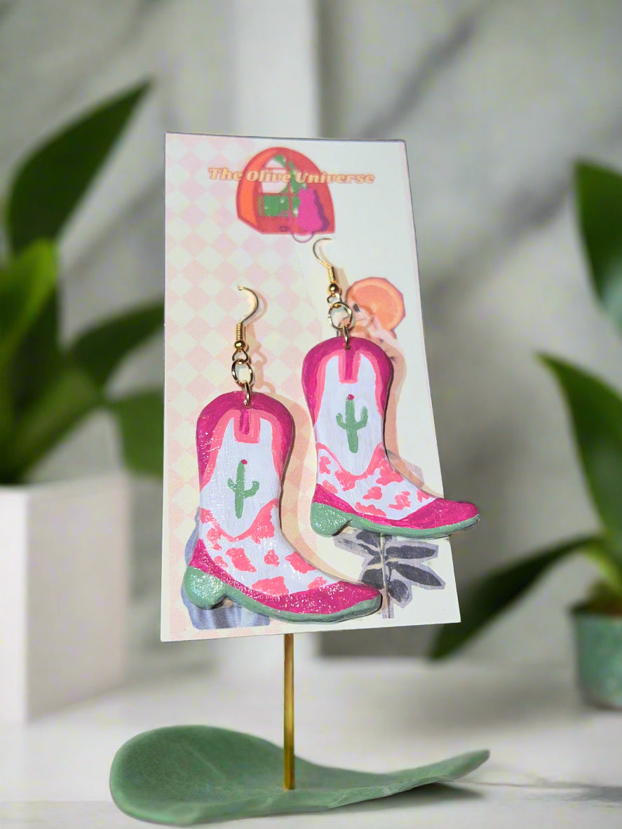 Cactus Cowprint Boots - Handmade & Hand Painted Charm Earrings - Olive Made