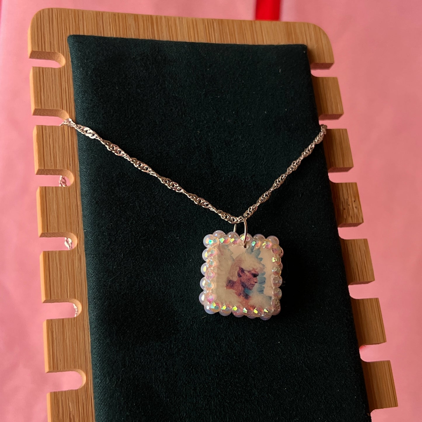 Iridescent angel charm necklace — handmade polymer clay angel charm bedazzled with iridescent beads on 20" 925 silver chain. Gift-ready green Victorian-patterned box. Fairycore coquette cottagecore Y2K jewelry; ready to ship in 1–3 business days.