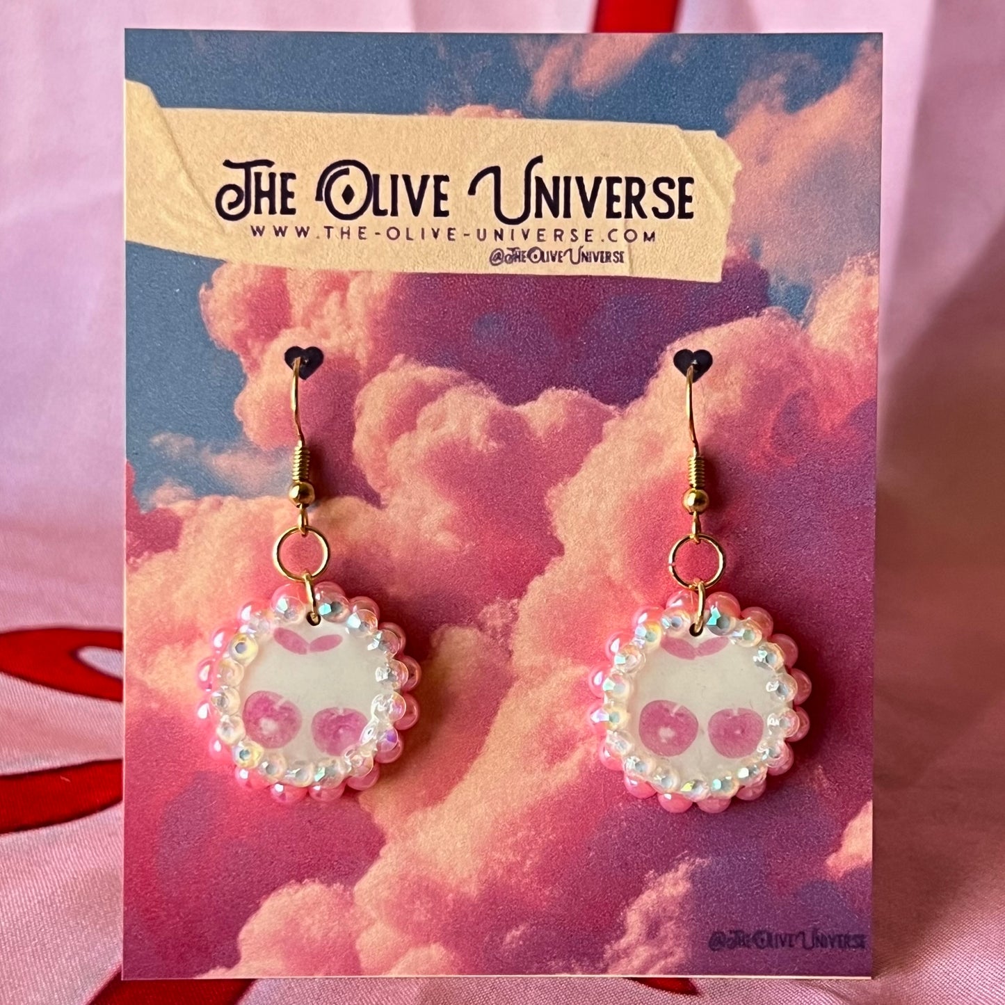 Pink Cherry Drop Earrings | Y2K Kawaii Pearl + Rhinestone Dangles | Olive Made