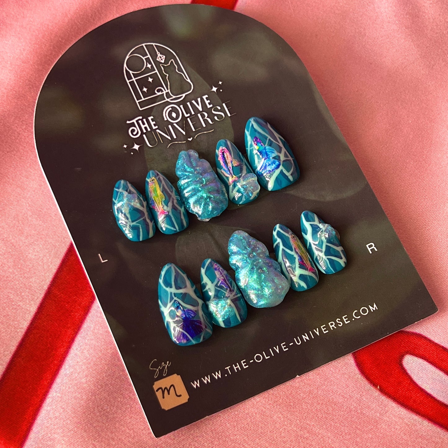 Poseidon’s Layer | Bespoke Fish Press-On Nails | Medium Almond | Ocean Nails | 3D Iridescent Nails
