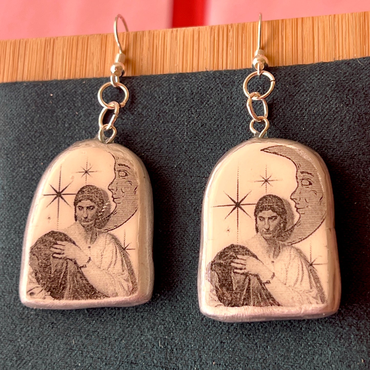 Roman Woman Earrings | Handmade Clay Dangle Earrings | Art History Jewelry | Grayscale Celestial Collage