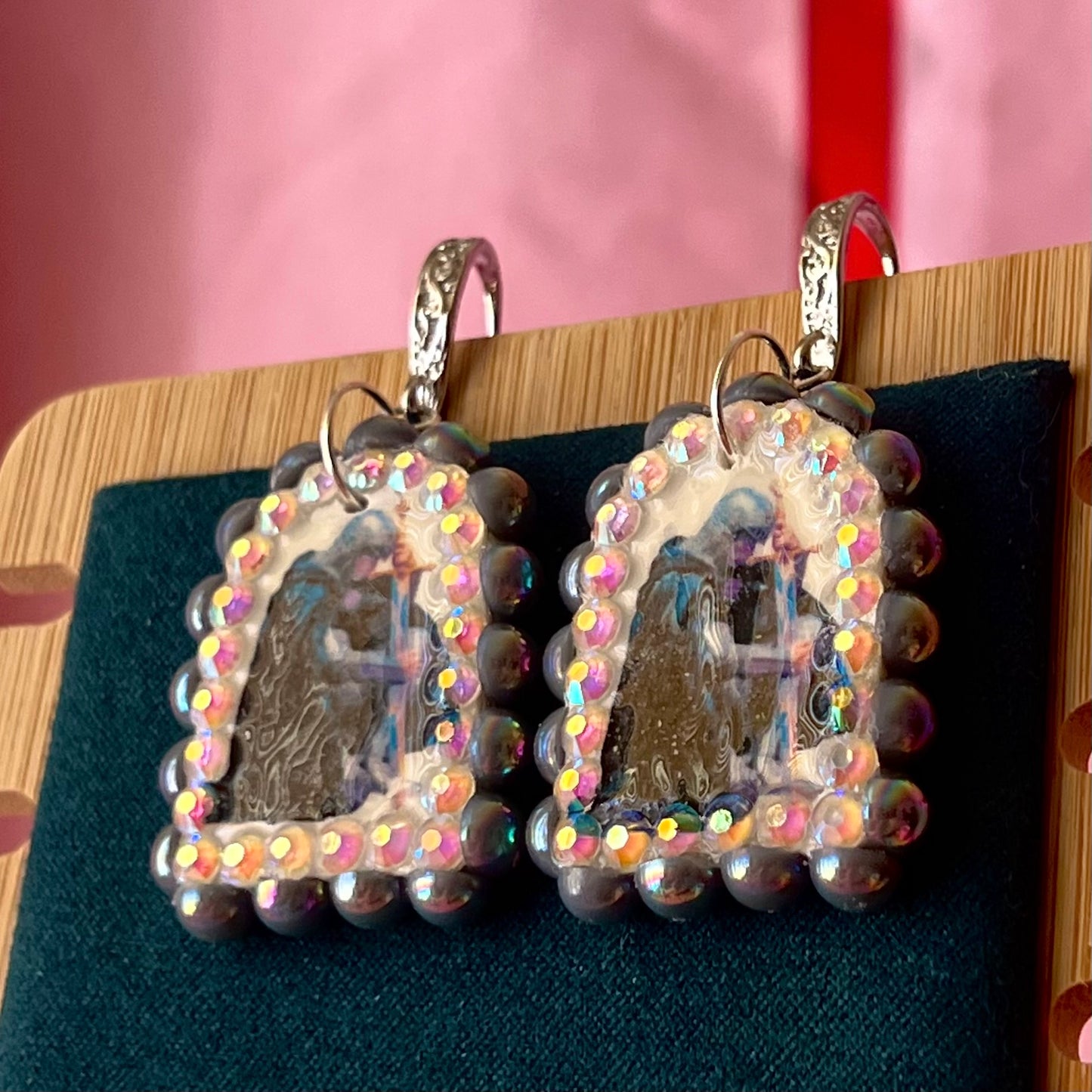 Handmade medieval knight earrings featuring polymer‑clay charms framed with iridescent gray pearls and rhinestones, styled with white‑gold‑plated hypoallergenic hooks—perfect medievalcore, renaissance, and fantasy jewelry.