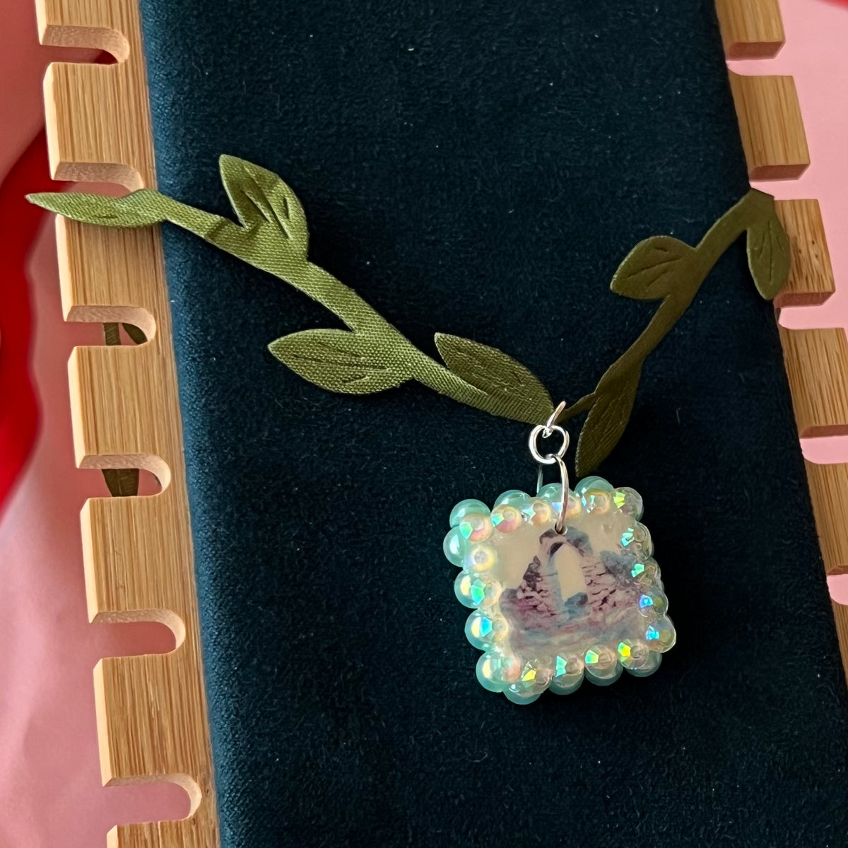 vine choker necklace, leaf choker, fairycore choker, whimsigoth jewelry, medieval fantasy necklace, arch charm necklace, rhinestone charm choker, pearl rhinestone necklace, handmade polymer clay charm, adjustable choker necklace, secret garden jewelry