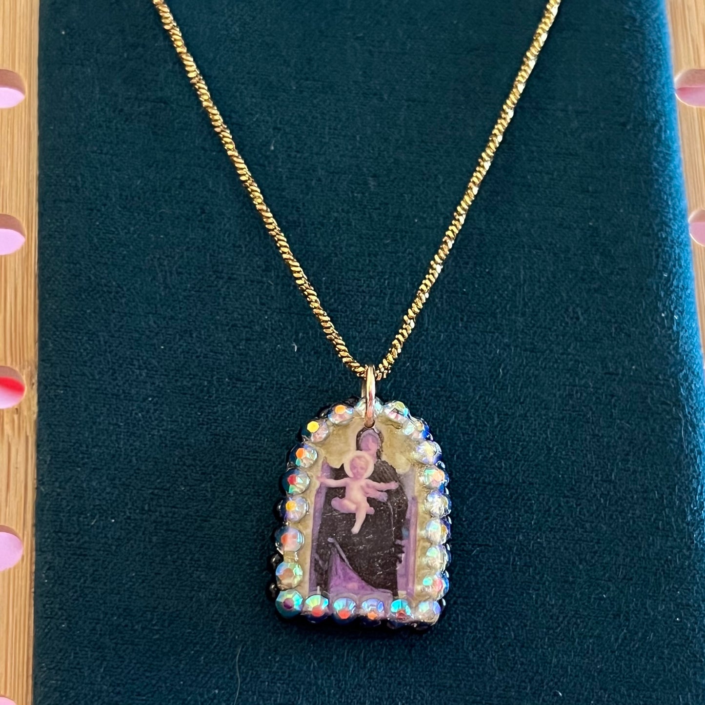 mother mary necklace, virgin and child necklace, baby jesus necklace, bouguereau jewelry, art history necklace, religious pendant necklace, catholic jewelry, angelcore necklace, cathedralcore jewelry, coquette necklace, romantic necklace, 18k gold plated necklace, polymer clay charm necklace, rhinestone pendant, pearl charm necklace, handmade pendant necklace, statement necklace, wearable art jewelry, handmade gift for her, olive made