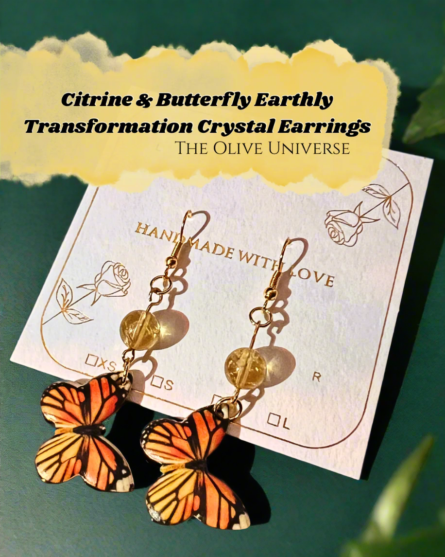 Citrine & Butterfly Earthly Transformation Crystal Earrings on a branded card with a blurred nature background.