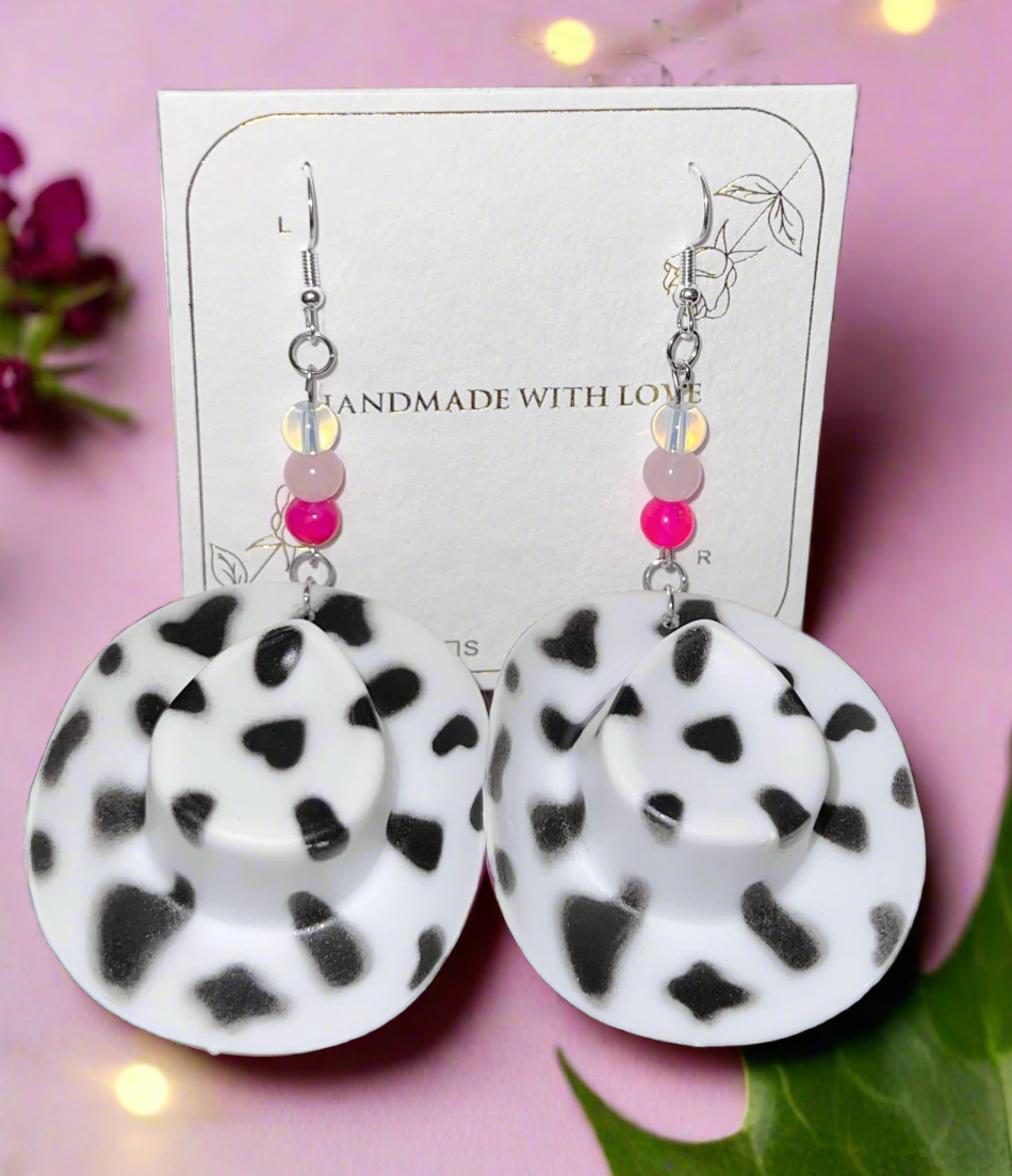 Pair of earrings with black and white pattern on a card with 'Handmade with Love' text.