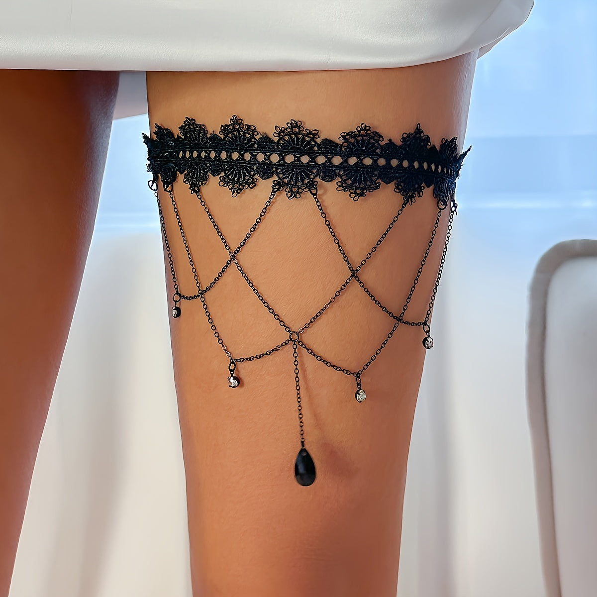 cascading black lace gemmed leg adornment