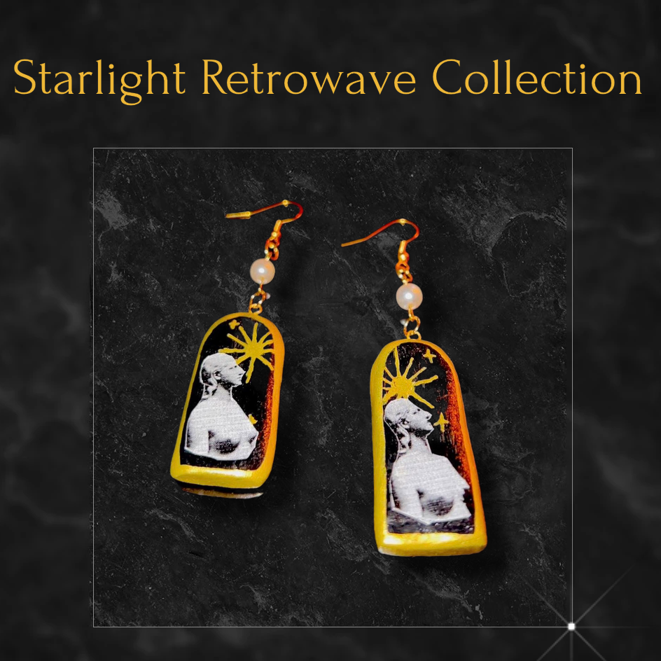 Pair of earrings with a 'Starlight Retrowave Collection' label on a dark background
