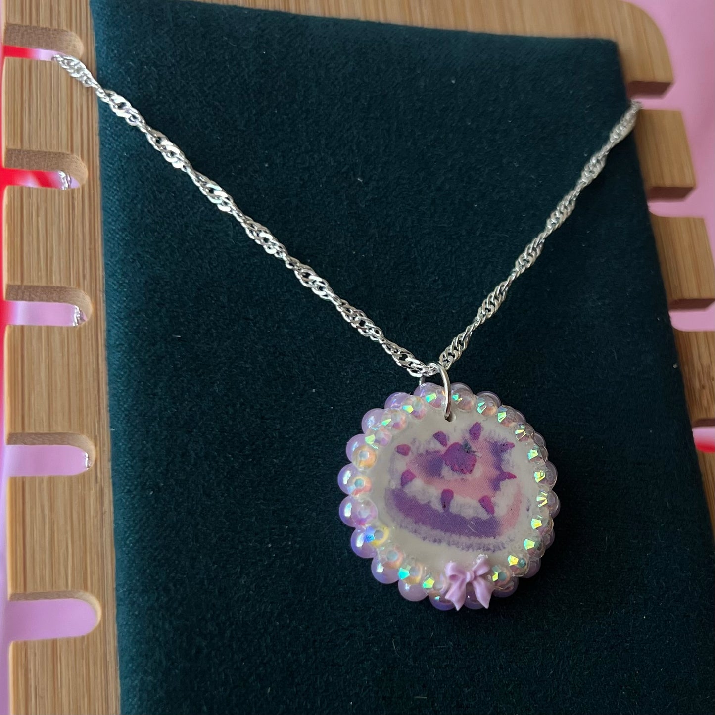 Strawberry Cake Lavender Pearls + Bow Charm Necklace | Coquette Pastel Kawaii Jewelry | Olive Made