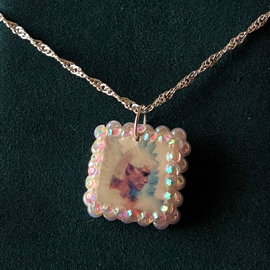 Iridescent angel charm necklace — handmade polymer clay angel charm bedazzled with iridescent beads on 20" 925 silver chain. Gift-ready green Victorian-patterned box. Fairycore coquette cottagecore Y2K jewelry; ready to ship in 1–3 business days.