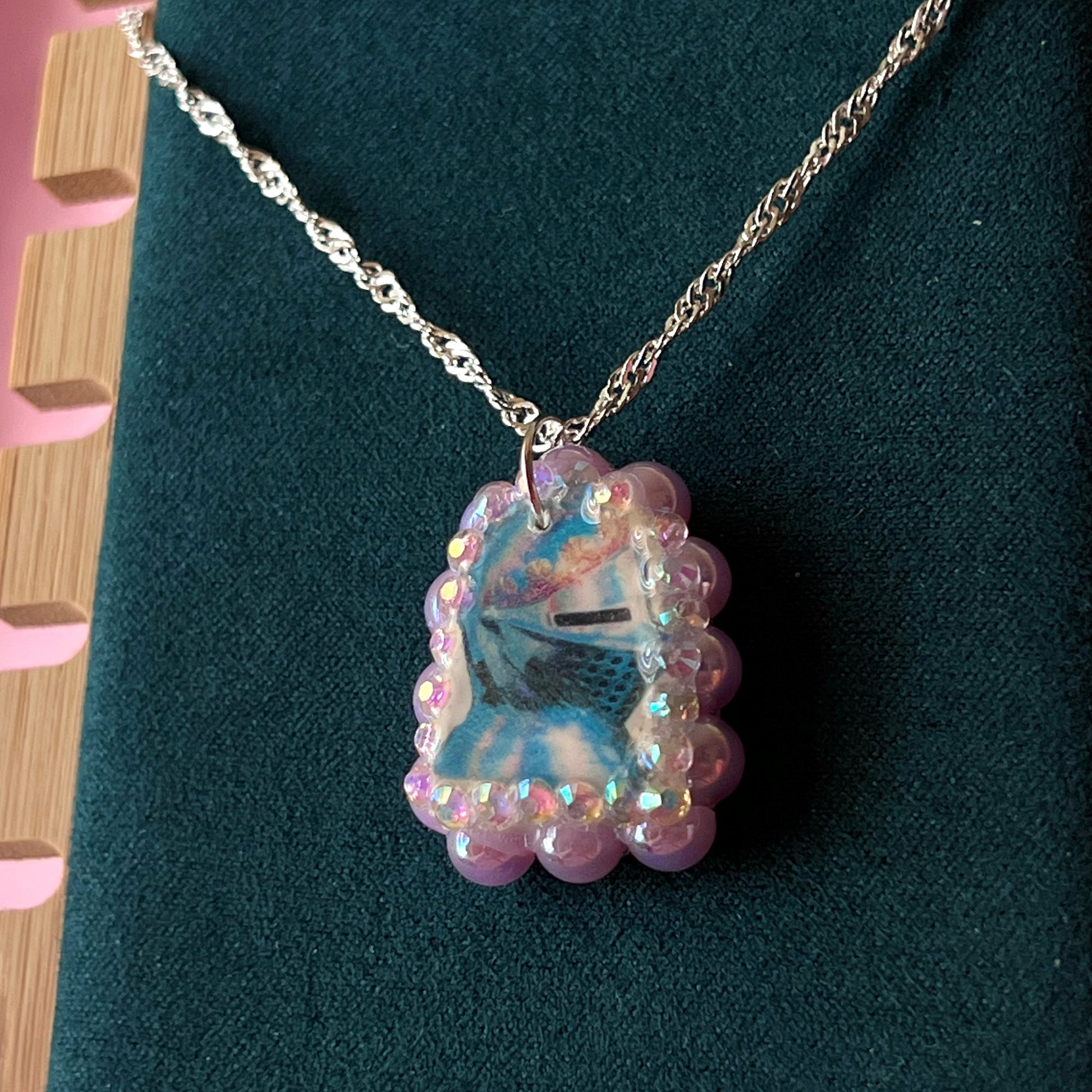 Lavender knight charm necklace — handmade polymer clay lavender knight pendant bedazzled with iridescent beads on 20" 925 silver chain. Gift-ready green Victorian-patterned box. Whimsigoth fairycore coquette cottagecore Y2K charm necklace; ready to ship in 1–3 days.