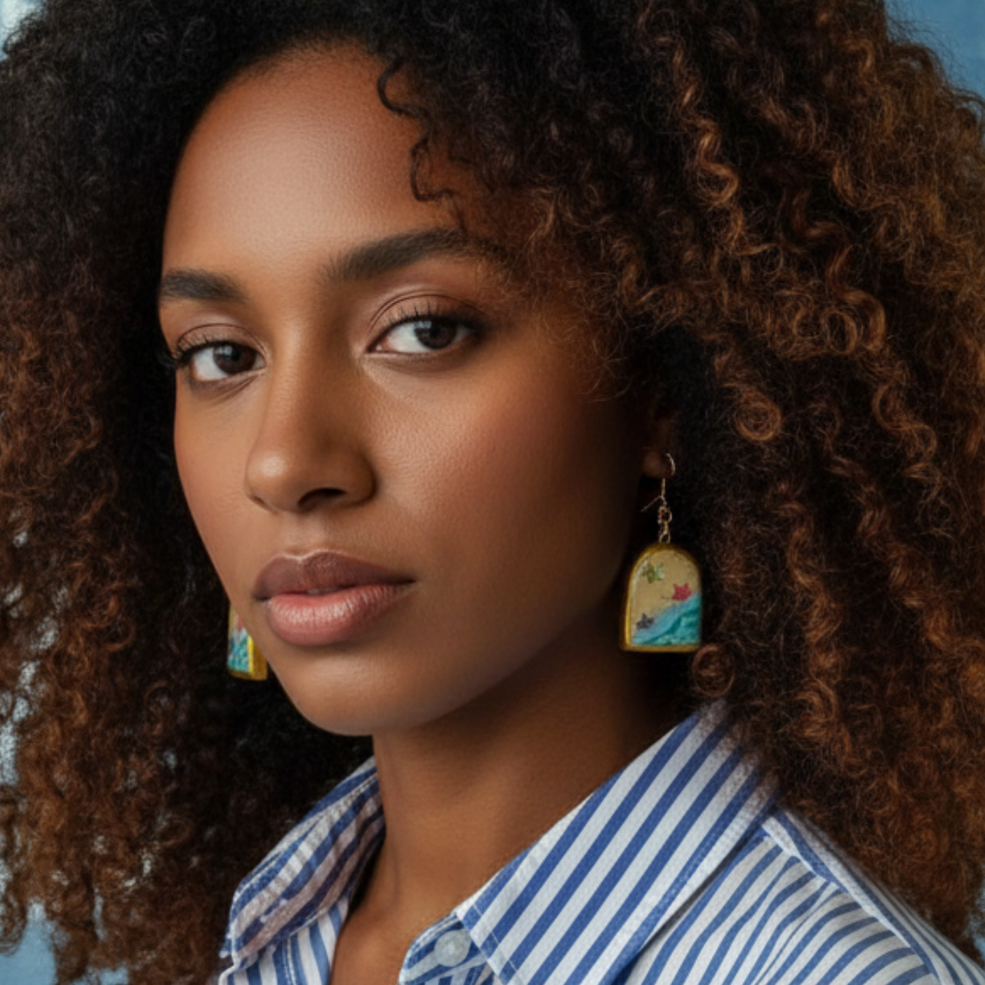 Woman with curly hair wearing a striped shirt and earrings against a blue background