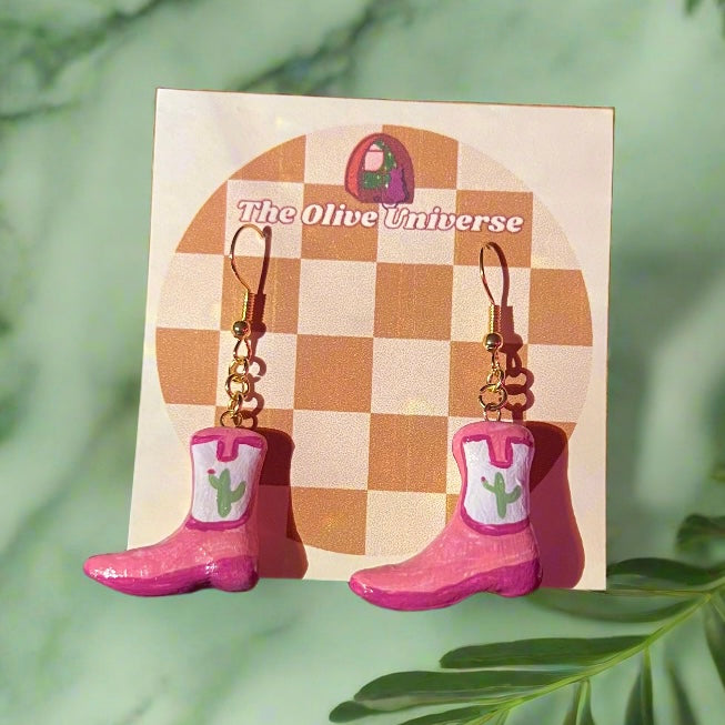 Country Cowgirl Boots - Handmade & Painted Charm Earrings - Olive Made