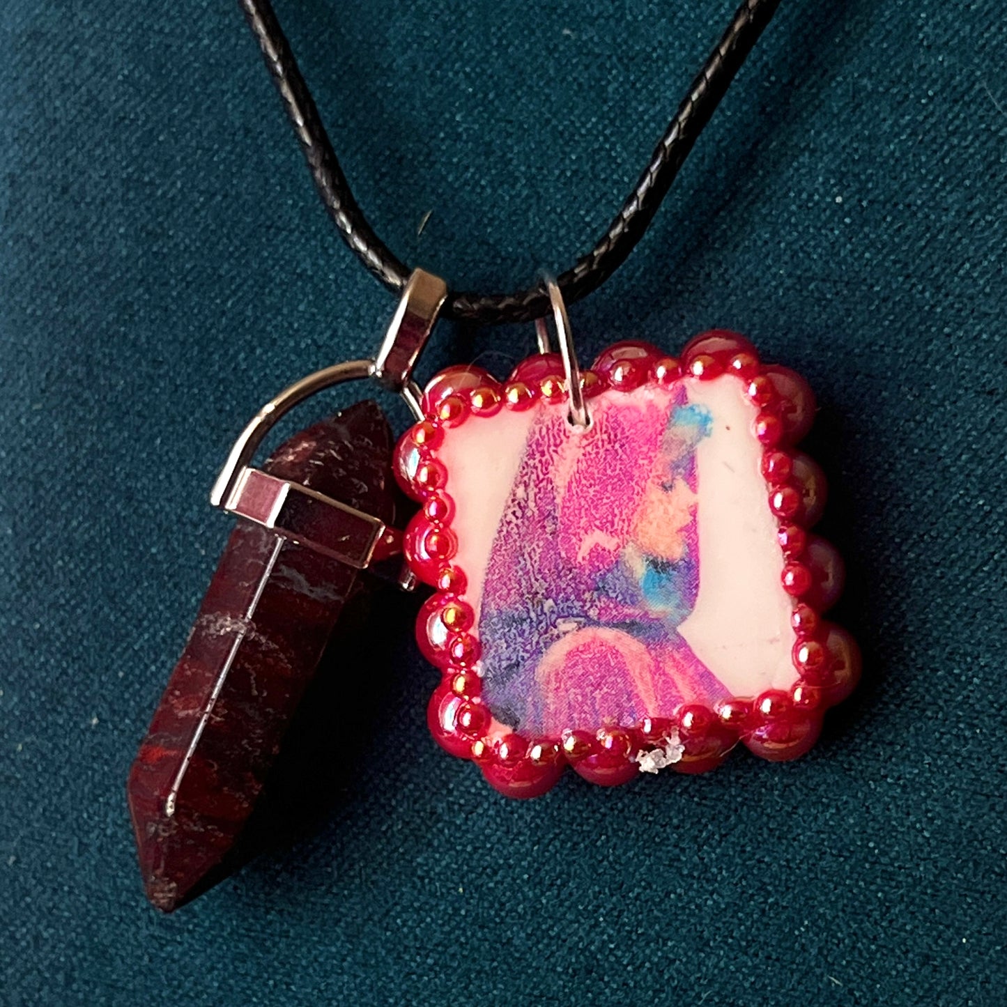Red Riding Hood charm necklace — handmade polymer clay Red Riding Hood pendant hand-bedazzled with iridescent pearls + rhinestones, plus deep red crystal accent. Choose arch-shaped charm or square charm with burgundy + black gem drop. Gift-ready Victorian-patterned box. Fairycore goth Y2K dark fairytale jewelry; ready to ship in 1–3 days.