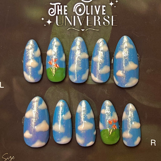 Blue Skies False Nails | Hand-Painted Cloud + Meadow Design
